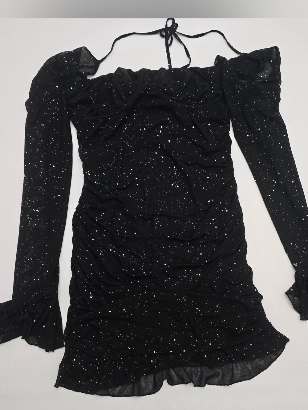 Sparkle Black Off-Shoulder Ruched Mini Dress